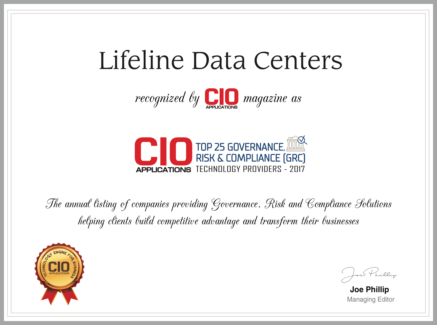 Lifeline Data Centers Top 25 GRC Certificate